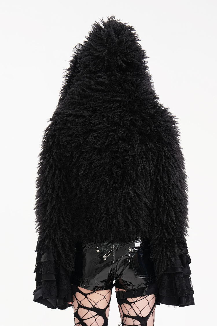 Black Long Sleeves Lace Hooded Zipper Chain Women's Gothic Jacket - Product - 2