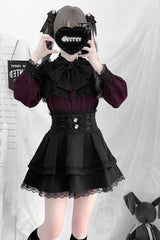 [Dark Moon Shadow] Long Sleeves Double-Layered Ruffled Embroidered Bow Lace-Up Gothic Jirai Kei Lolita Top + Skirt Set - Product - 4