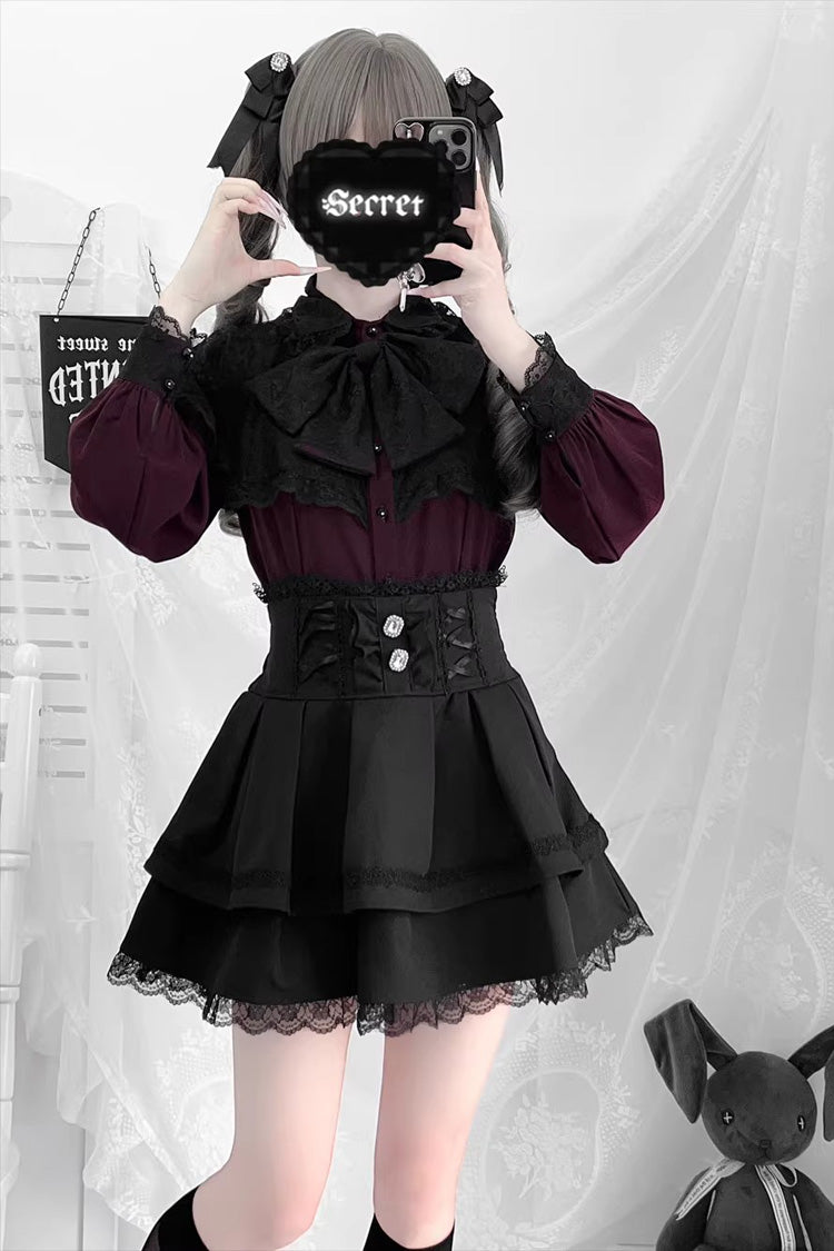 [Dark Moon Shadow] Long Sleeves Double-Layered Ruffled Embroidered Bow Lace-Up Gothic Jirai Kei Lolita Top + Skirt Set - Product - 4
