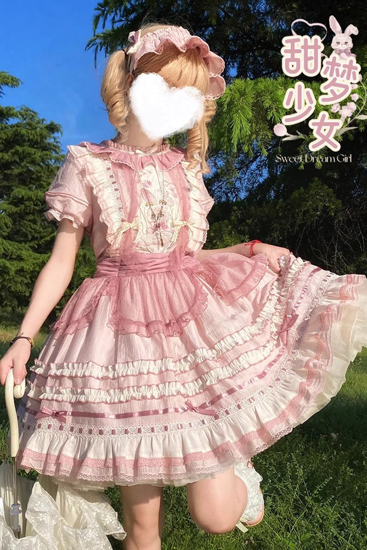 Pink Rabbit Print Sweet Dream Girl Short Sleeves Ruffle Bowknot Stitching Lace Lolita Dress - Product - 7