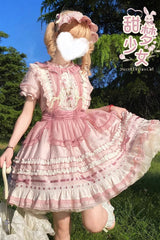 Pink Rabbit Print Sweet Dream Girl Short Sleeves Ruffle Bowknot Stitching Lace Lolita Dress - Product - 7