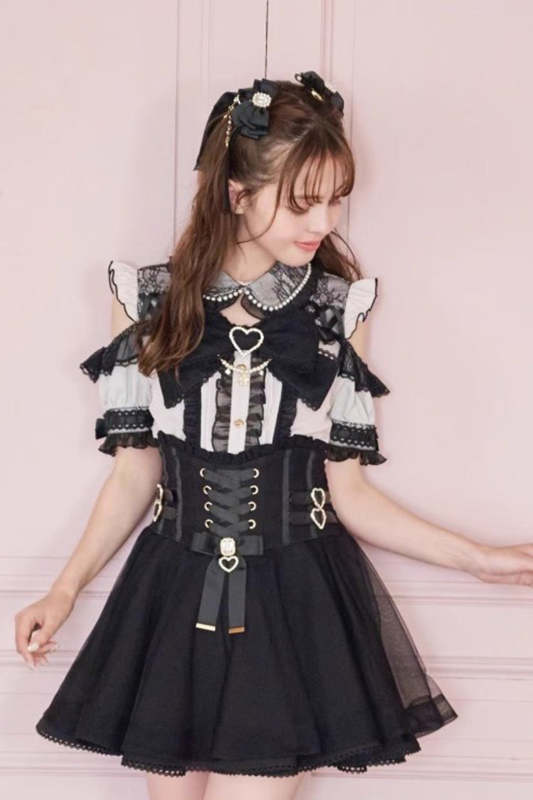 Sweet Lapel Collar Off Shoulder Short Sleeves Bowknot Pearl Jirai Kei Japanese Blouse 3 Colors - Product - 2