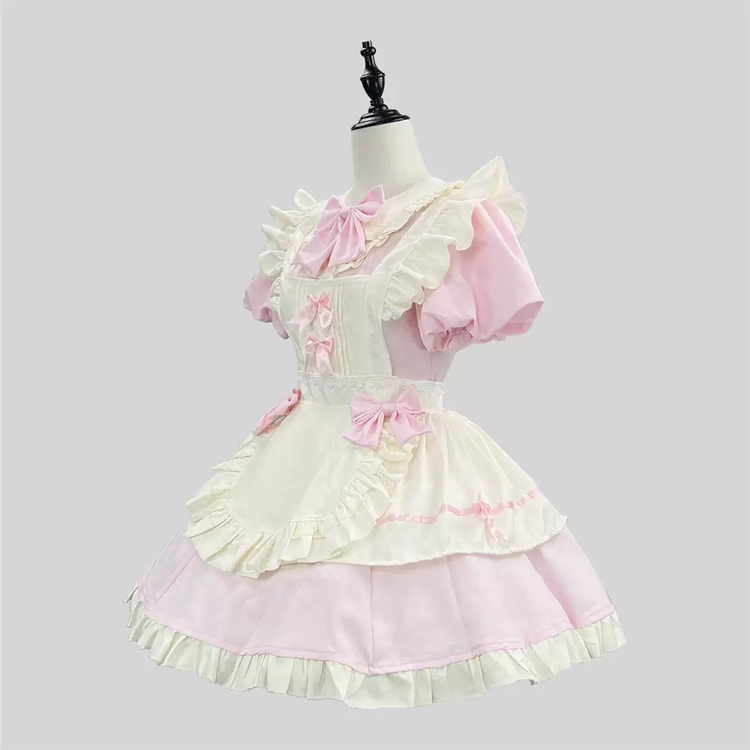 Pink and White Lace Sweet Maid Lolita Dress Set with Heart Bows - view 2