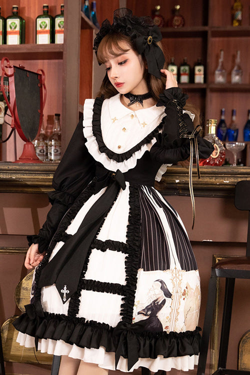 Black Doll Collar Long Sleeves Ruffled Anthem Print Gothic Lolita OP Dress - Product - 3