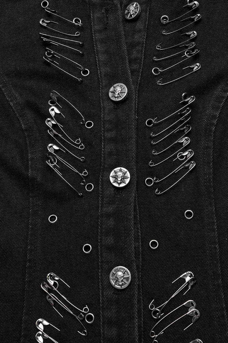 Black Side Drawstring Sleeveless Pin Decoration Hooded Womens Steampunk Long Vest - Product - 9