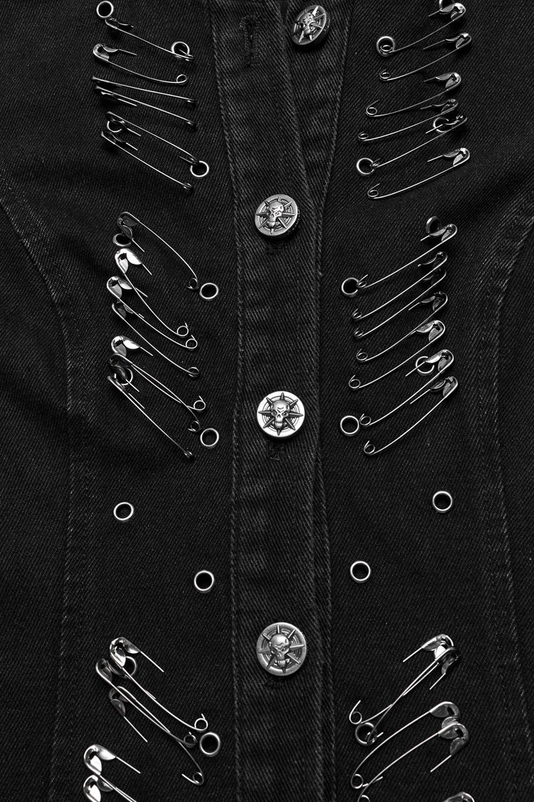 Black Side Drawstring Sleeveless Pin Decoration Hooded Womens Steampunk Long Vest - Product - 9