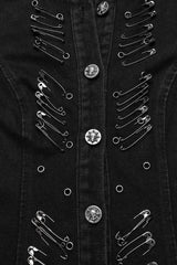 Black Side Drawstring Sleeveless Pin Decoration Hooded Womens Steampunk Long Vest - Product - 9