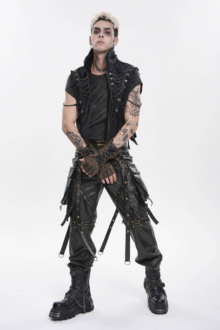Black Stand Collar Sleeveless Zippered Chain-Decorated Men's Punk Cool Unedged Vest - Product - 9
