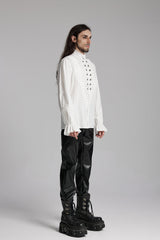 White Stand Collar Beast Buckle Long Sleeves Ruffle Men's Gothic Blouse - Product - 6