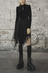 Black Velvet Mesh Stitching Elastic Women's Gothic Dress - Black - 1