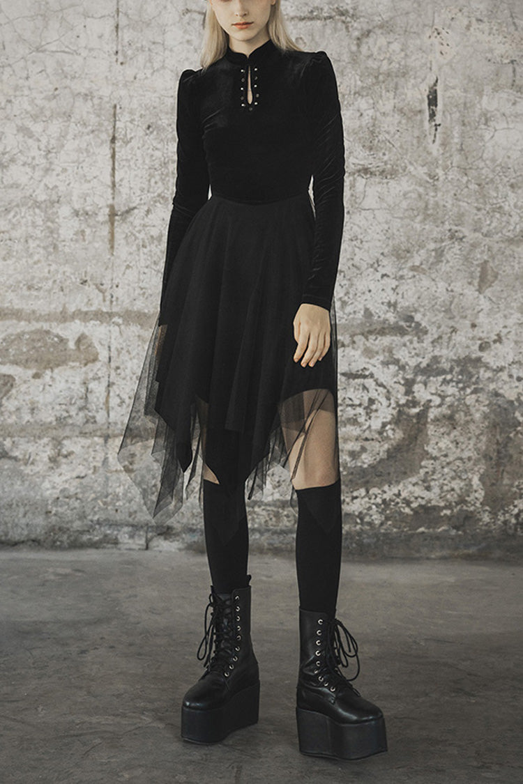 Black Velvet Mesh Stitching Elastic Women's Gothic Dress - Black - 1
