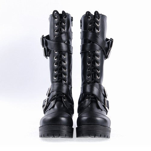 Black Stylish Patent Leather Straps Buckles Gothic Lolita Boots - Product - 4