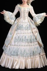 Blue/Champagne Trumpet Sleeves High Waisted Ruffled Multi-Layer Hollow Embroidery Print Victorian Lolita Prom Dress - Blue/Champagne - 1