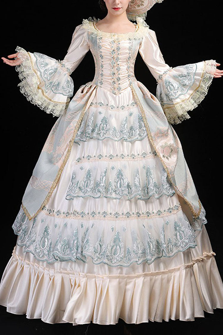 Blue/Champagne Trumpet Sleeves High Waisted Ruffled Multi-Layer Hollow Embroidery Print Victorian Lolita Prom Dress - Blue/Champagne - 1