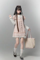 Pink [Polka Dot Bouclé] Round Collar Long Sleeves Printed Ruffled Faux Two-Piece Sweet Japanese Lolita Dress - Product - 8