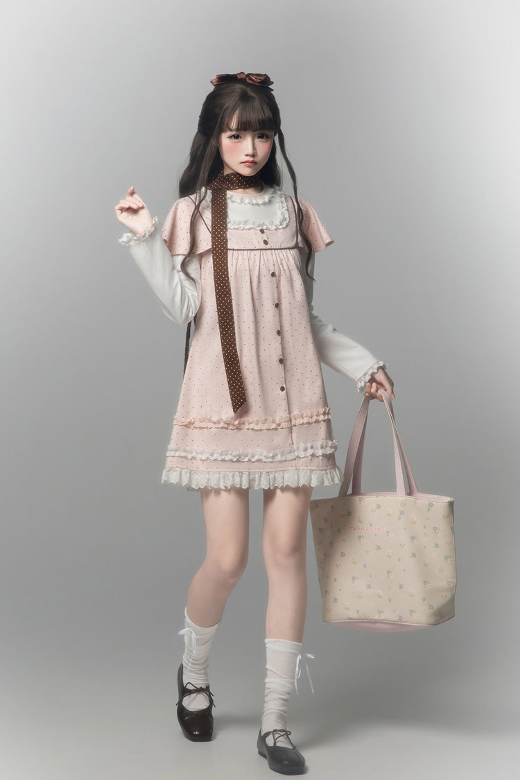 Pink [Polka Dot Bouclé] Round Collar Long Sleeves Printed Ruffled Faux Two-Piece Sweet Japanese Lolita Dress - Product - 8