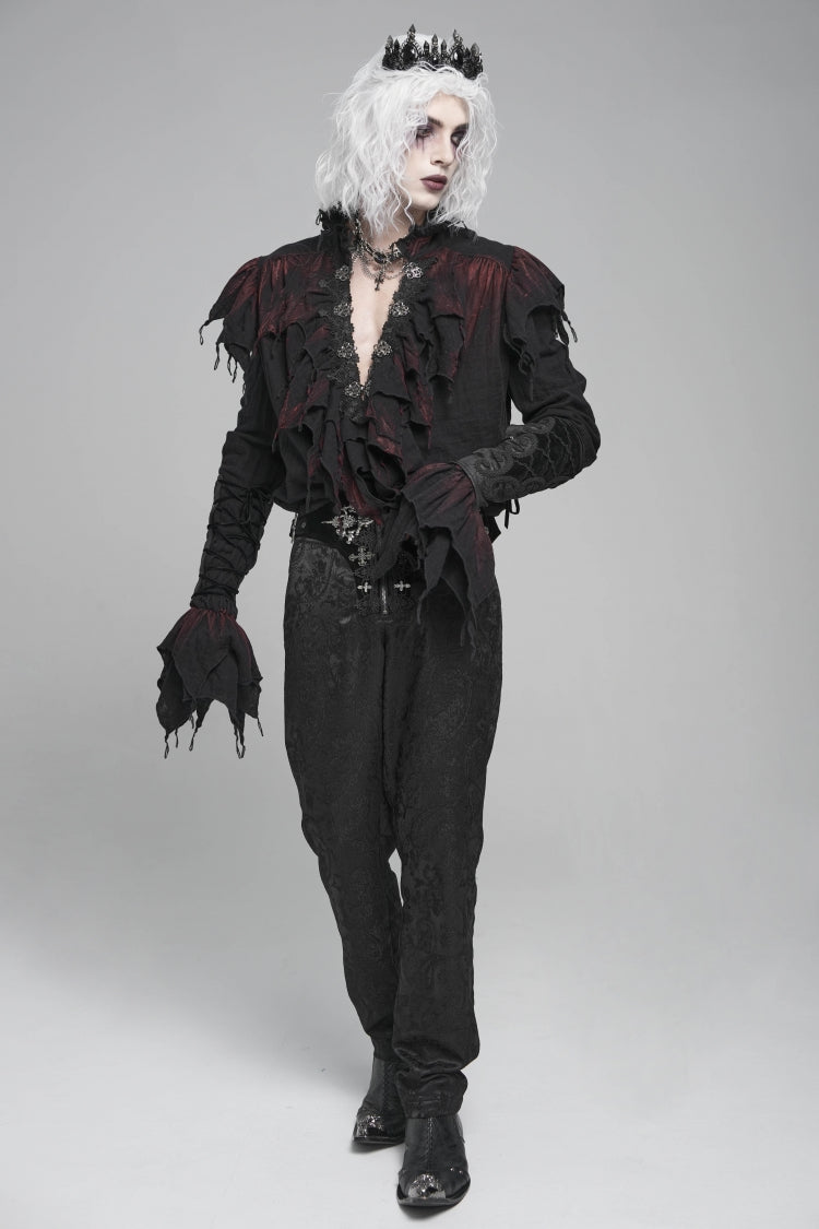 Black/Red Stand Collar Long Sleeves Ruffled Men's Gothic Plunging Shirt - Product - 8