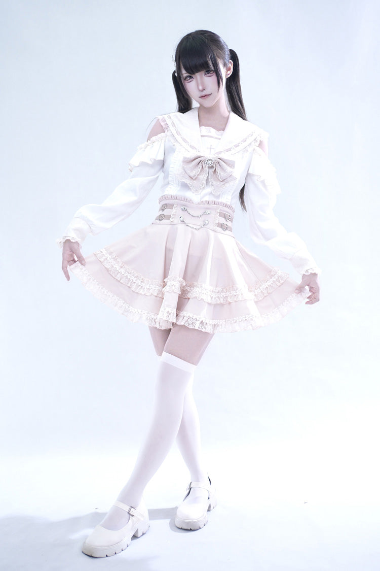 Pink [Apprentice Witch] Off Shoulder Navy Collar Short Sleeves Ruffled Bow Lace Pearl Detail Classic Jirai Kei Japanese Skirt Set - Product - 5