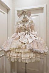 Apricot [Coronation] Long Trumpet Sleeves Multi-Layered Ruffle Bowknot Lace Sweet Gorgeous Lolita Dress Set - Product - 3