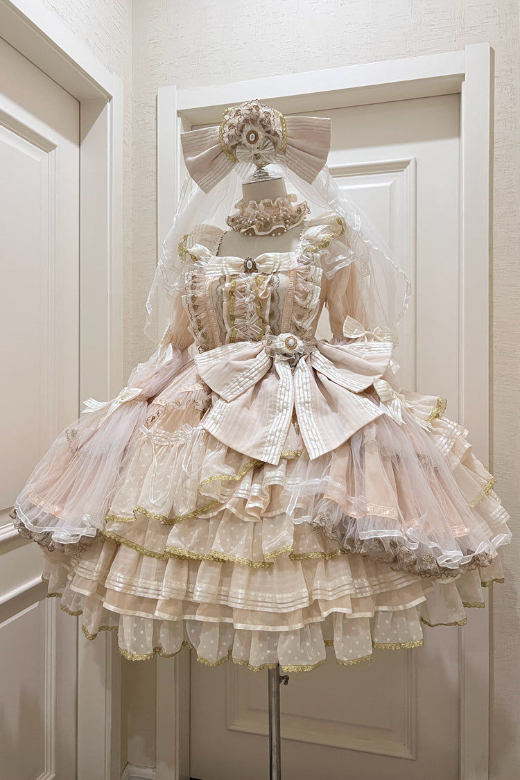 Apricot [Coronation] Long Trumpet Sleeves Multi-Layered Ruffle Bowknot Lace Sweet Gorgeous Lolita Dress Set - Product - 3