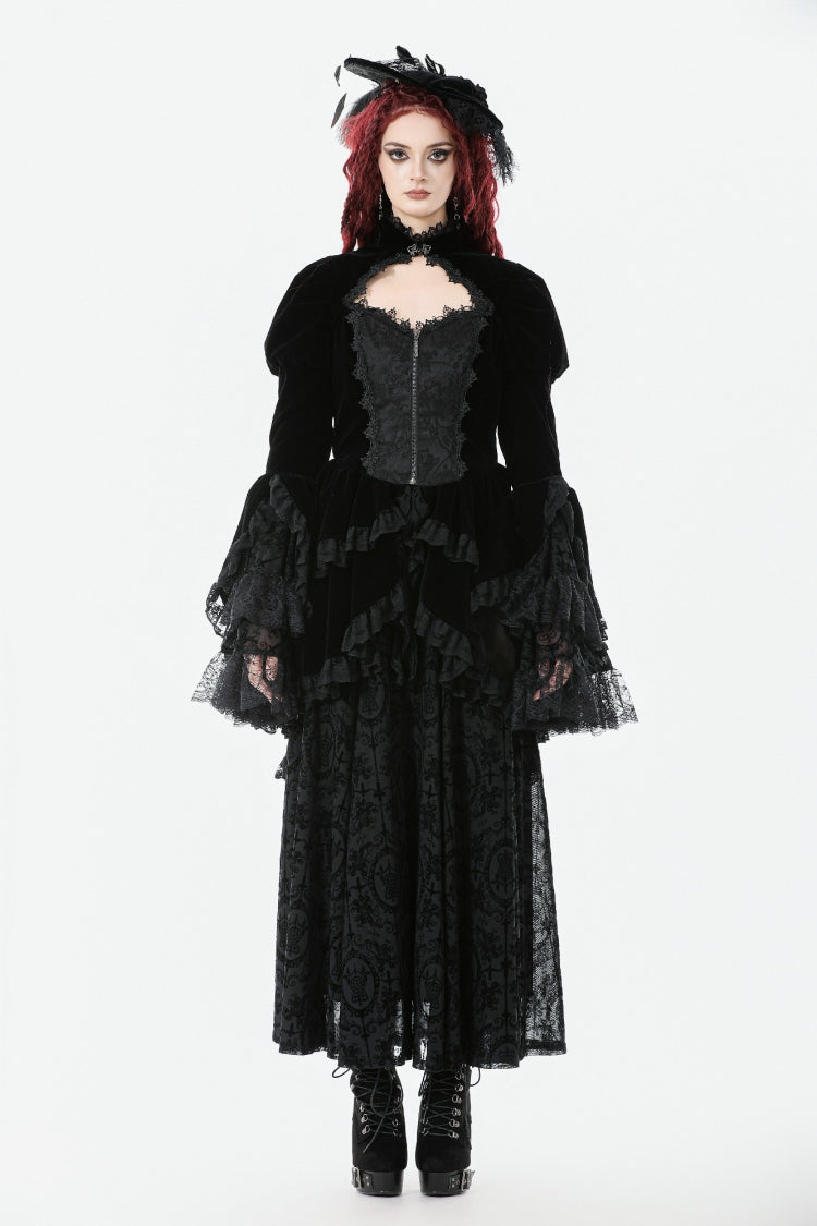 Black Long Puff Sleeves Multi-Layered Ruffled Lace Hem High Low Women's Gothic Coatlet - Black - 1