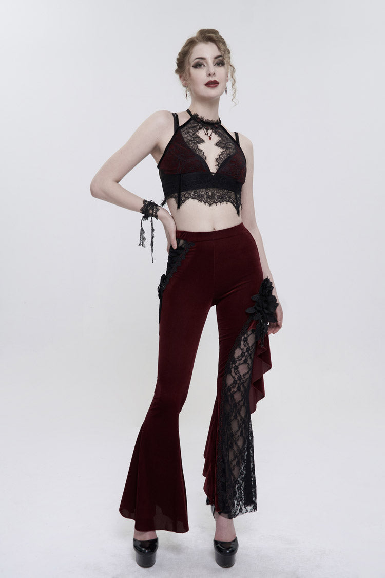Red Velvet Chest Cutout Lace Hidden Side Zipper Sexy Women's Gothic Halter Lingerie - Product - 4