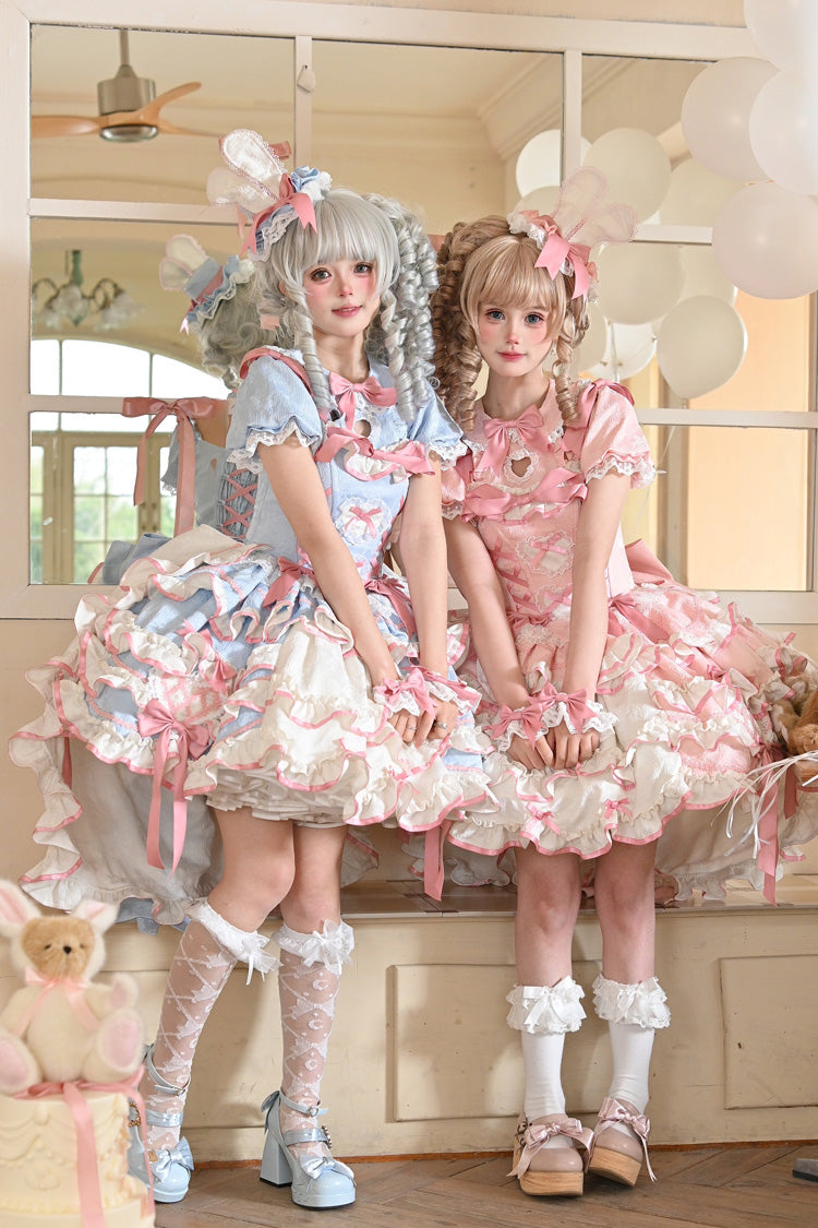 [Bunny Hime] Doll Collar Short Sleeves Multi-Layered Ruffled Bow Sweet Lolita Dress 2 Colors (Blue, Pink) - Product - 9