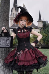 Black/Red [Potions] Sleeveless Triple-Layered Ruffle Bowknot Lace Gothic Lolita Dress 2 Colors - Product - 2