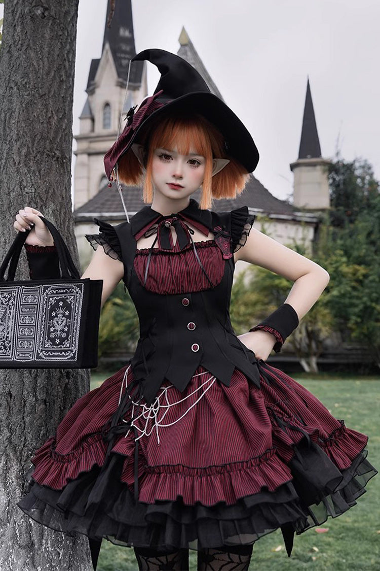 Black/Red [Potions] Sleeveless Triple-Layered Ruffle Bowknot Lace Gothic Lolita Dress 2 Colors - Product - 2