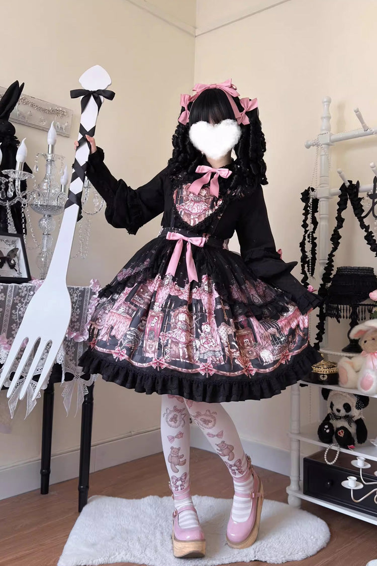 Black [The Case of the Missing Lamb] Print Ruffle Bowknot Lace Gothic Lolita SK Skirt - Product - 8
