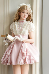 Pink/Apricot [Miss Lola] Stand Collar Short Sleeves Ruffle Bowknot Sweet Lolita Dress - Product - 4