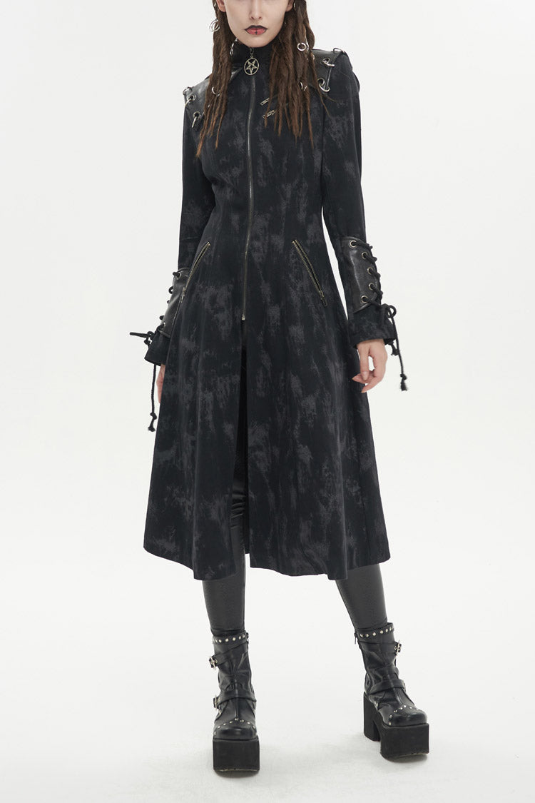 Black Faux Leather Splice With Hood Irregular Pattern Print Long Women's Punk Coat - Black - 1
