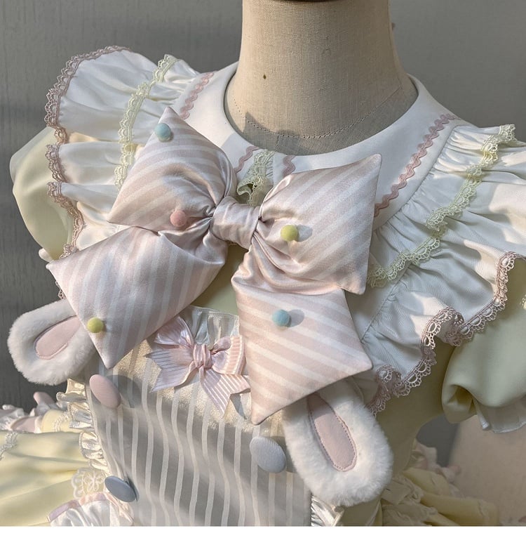 Yellow & Pink Bunny Maid Sweet Lolita Puff Sleeve Dress detail view 9