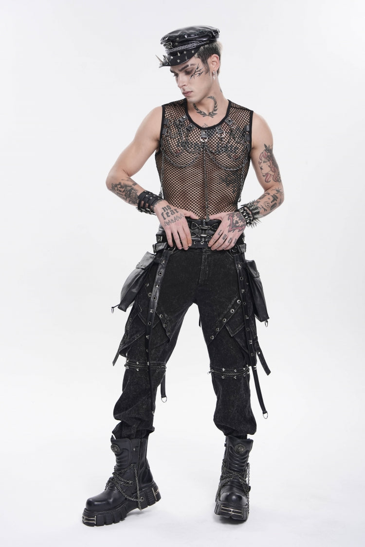 Black Round Collar Sleeveless Slim Sheer Mesh Studded Eyelet Men's Punk Handsome Vest - Product - 10