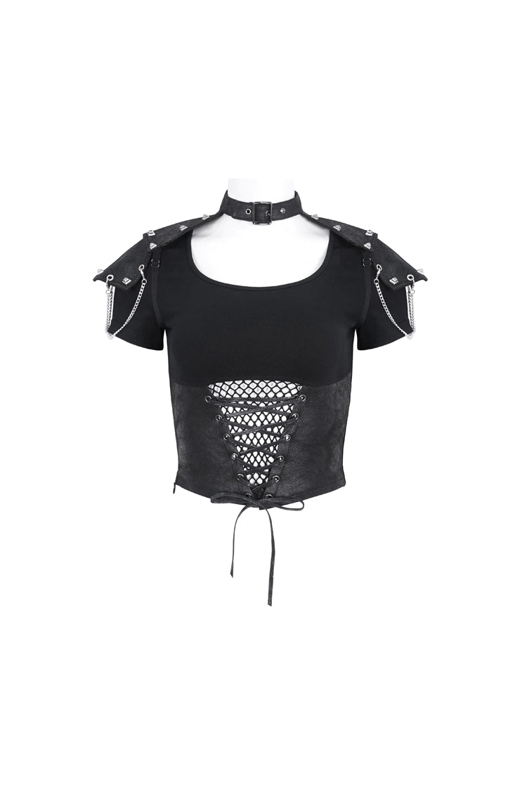 Black Cutout Mesh Short Sleeve Crop Womens Punk Top - Product - 5