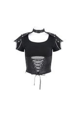 Black Cutout Mesh Short Sleeve Crop Womens Punk Top - Product - 5