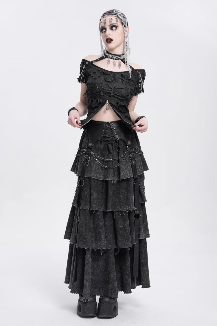 Black Off Shoulder Halterneck Ripped Women's Punk Blouse - Product - 4