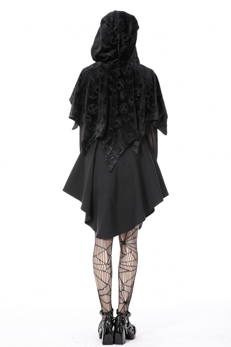 Black Skull Printed Front Lace-Up Women's Gothic Velvet Cape with Hood - Product - 4