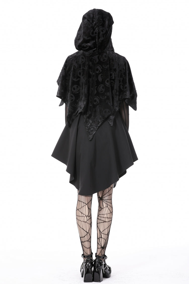Black Skull Printed Front Lace-Up Women's Gothic Velvet Cape with Hood - Product - 4