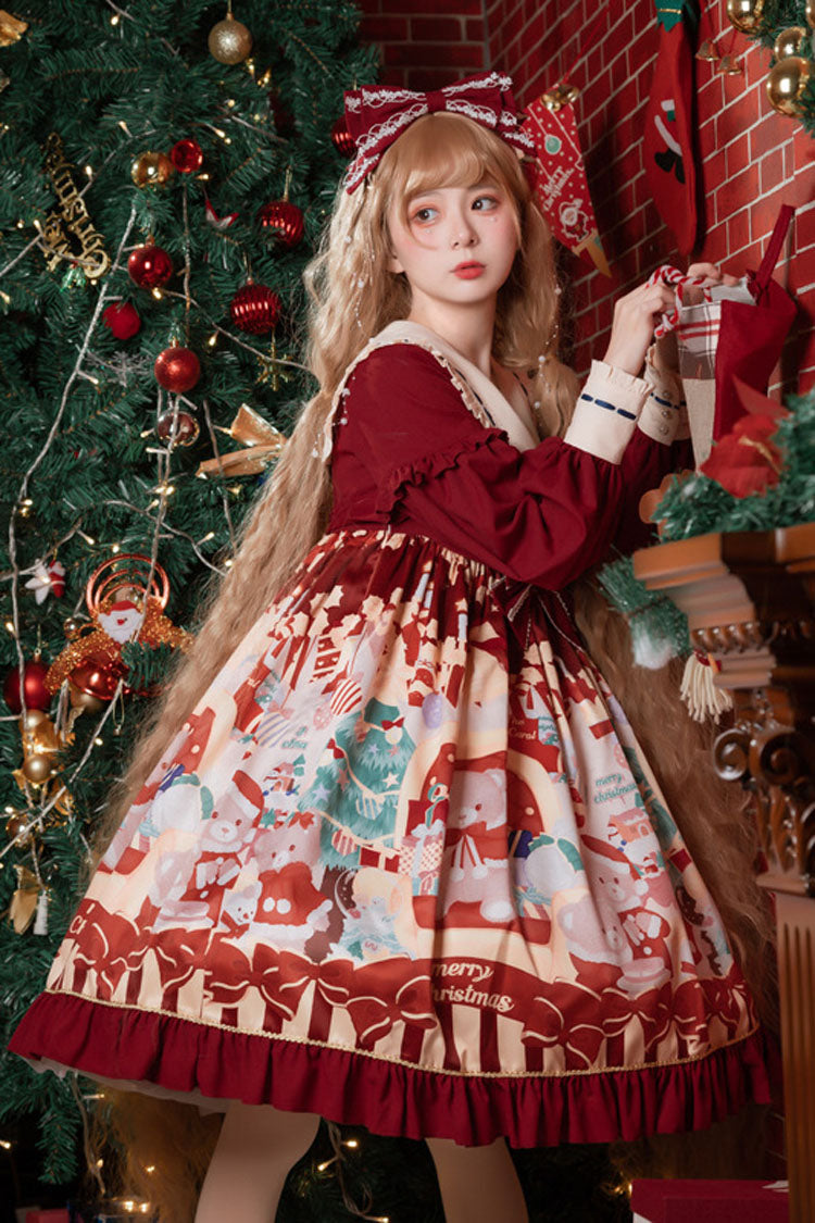 Wine Christmas Bear Print Long Sleeves High Waisted Bowknot Ruffled Sweet Lolita Op Dress - Product - 2