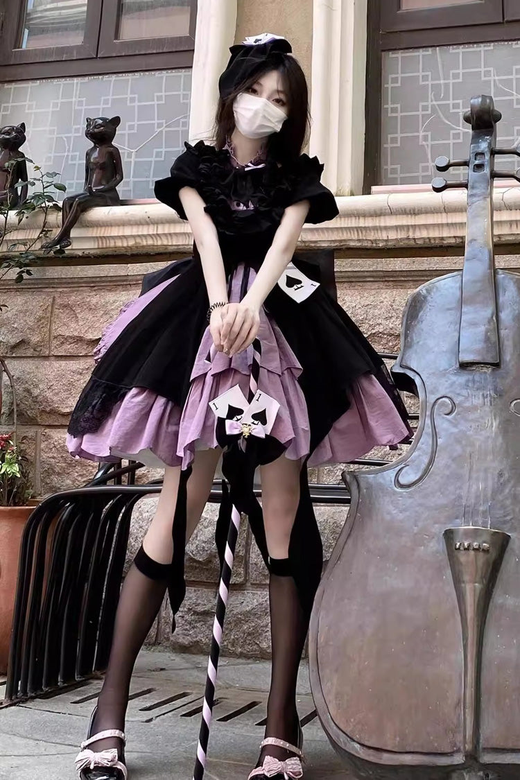 Black/Purple [Phantom Thief Ace of Spades] Short Sleeves Ruffle Bowknot Gothic Lolita Dress Set - Product - 2