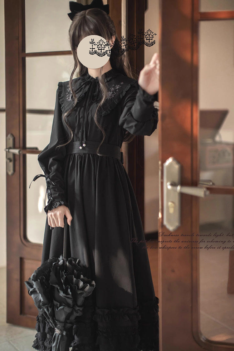 Black [Wind Kissed Tulips] Long Sleeves Ruffle Embroidery Bowknot Gothic Vintage Elegant Lolita Dress - Product - 7