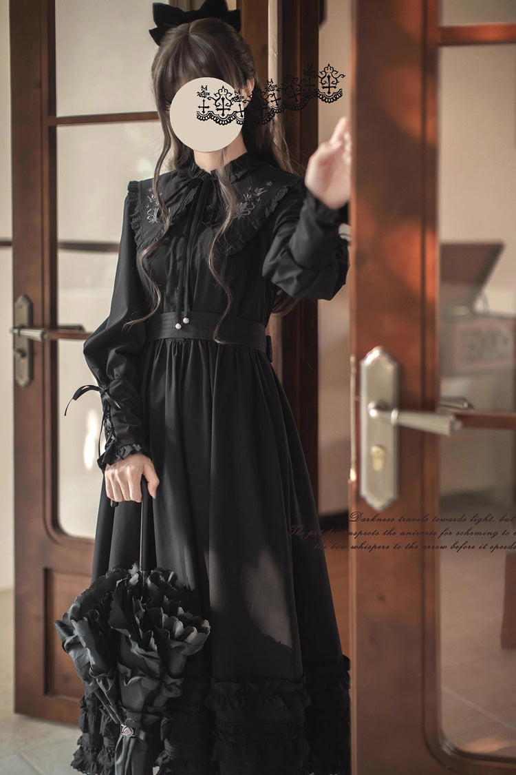 Black [Wind Kissed Tulips] Long Sleeves Ruffle Embroidery Bowknot Gothic Vintage Elegant Lolita Dress - Product - 7