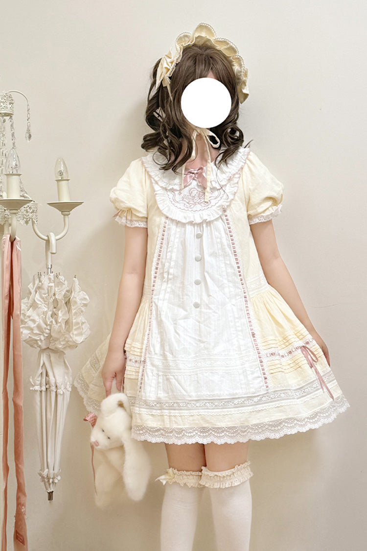 Light Yellow Doll Collar Short Sleeves Little Angel Print Bowknot Lace Sweet Lolita Dress - Product - 6