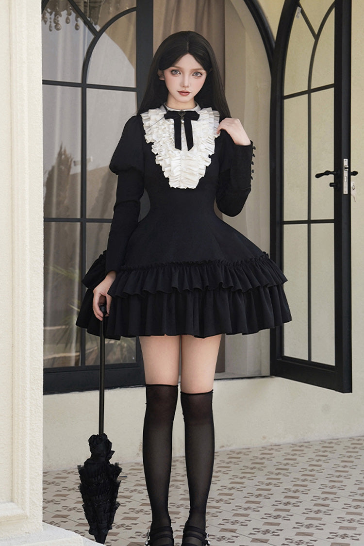 Black [Miss Weir] Stand Collar Long Sleeves Double-Layered Ruffle Gothic Lolita Dress - Product - 12