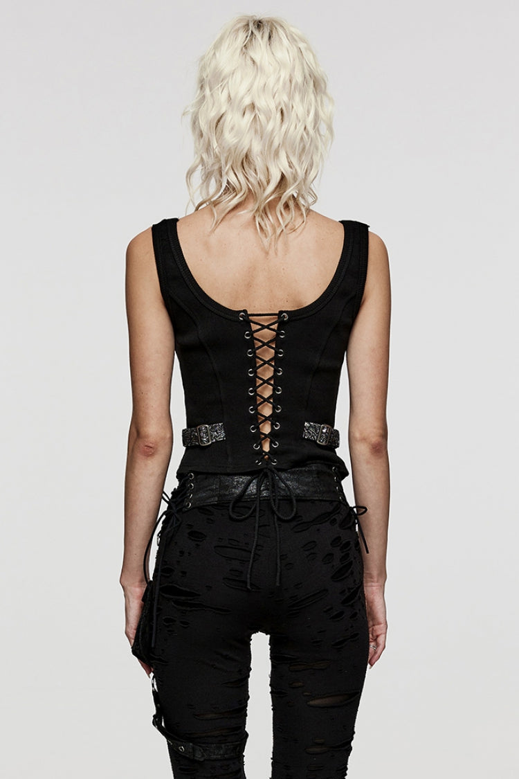 Steampunk Sleeveless Jacquard Print Metal Buckle Strap Metal Zipper Hollow Lace-Up Women's Vest 4 Colors - Product - 19