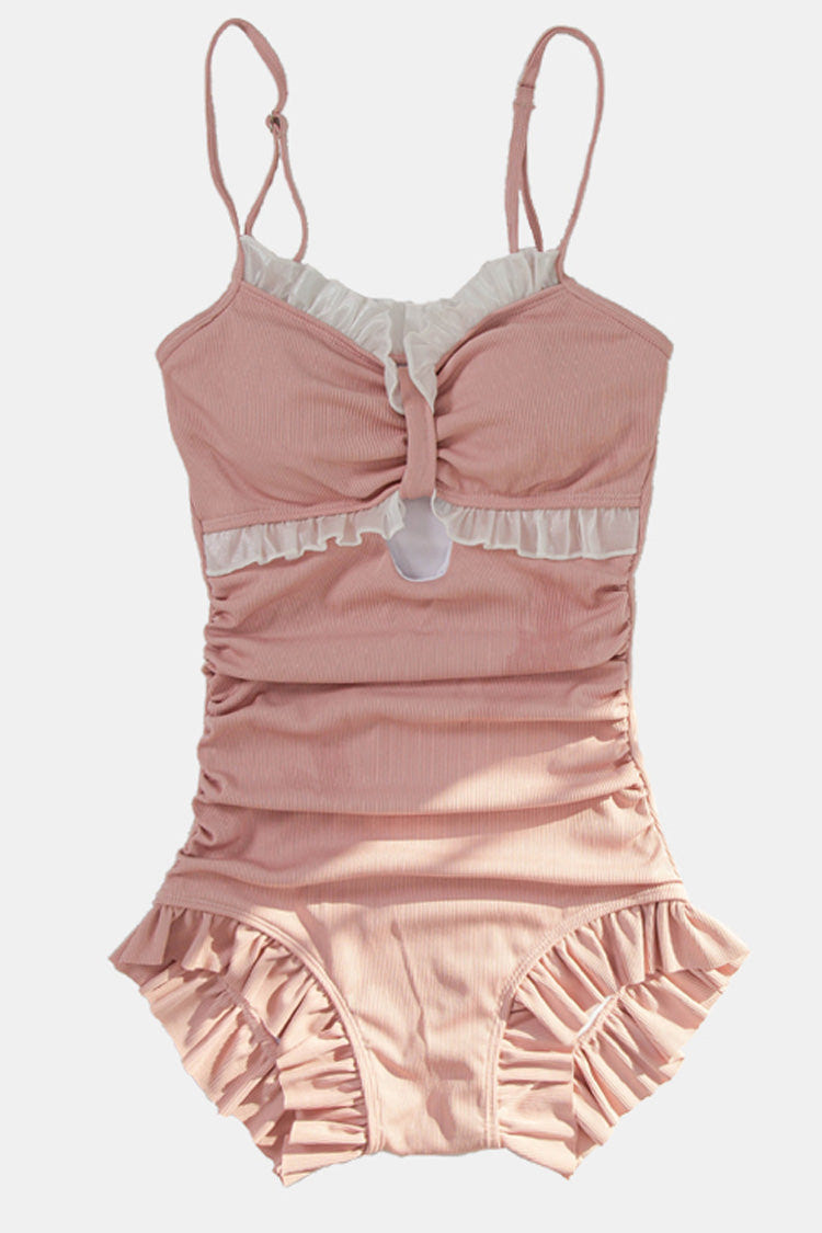 Pink Sleeveless Ruffle Cute Sweet Lolita Strapless One Piece Swimsuit - Product - 2