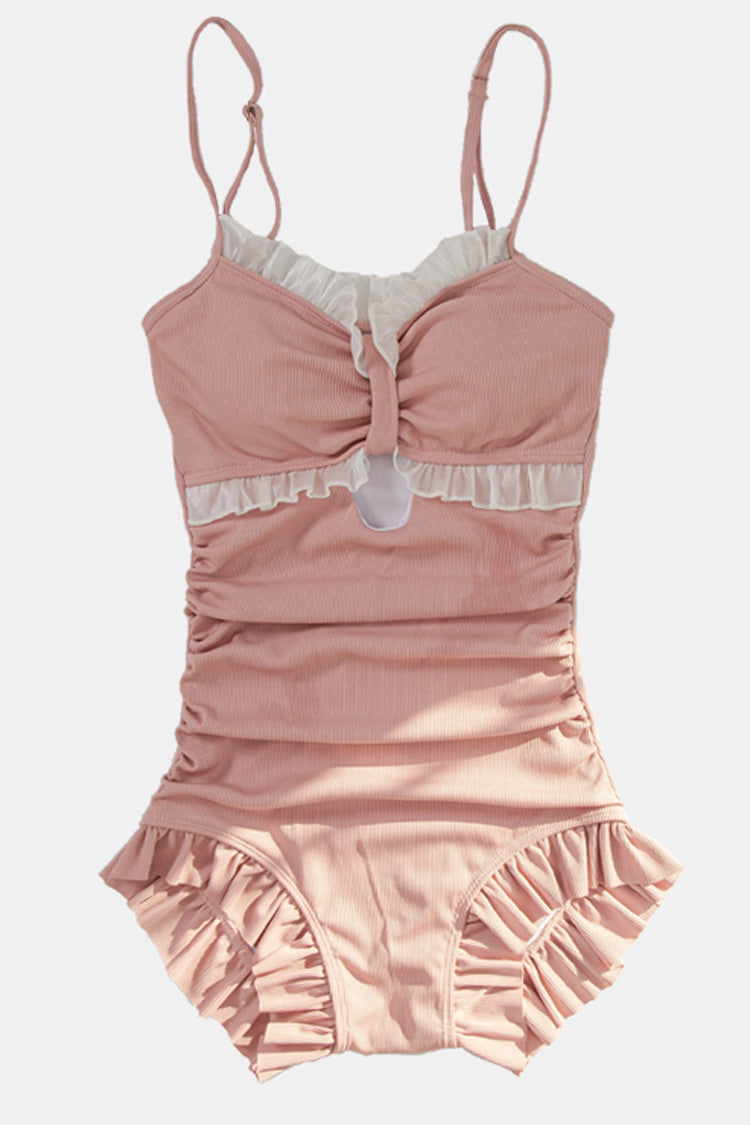 Pink Sleeveless Ruffle Cute Sweet Lolita Strapless One Piece Swimsuit - Product - 2