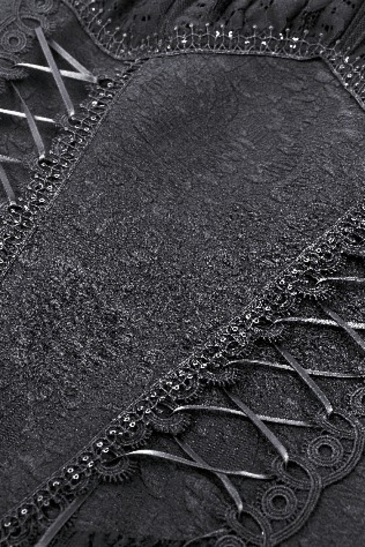 Black Off Shoulder Short Flutter Sleeves Lace-Up Lace High/Low Women's Gothic Prom Slip Dress - Product - 14