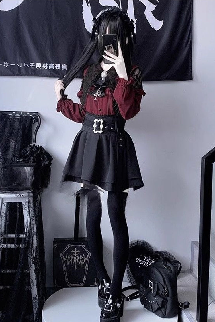 Sweet Jirai Kei Long Puff Sleeves Ruffle Bowknot Lace Skirt Blouse Set 2 Colors - Red/Black - 1